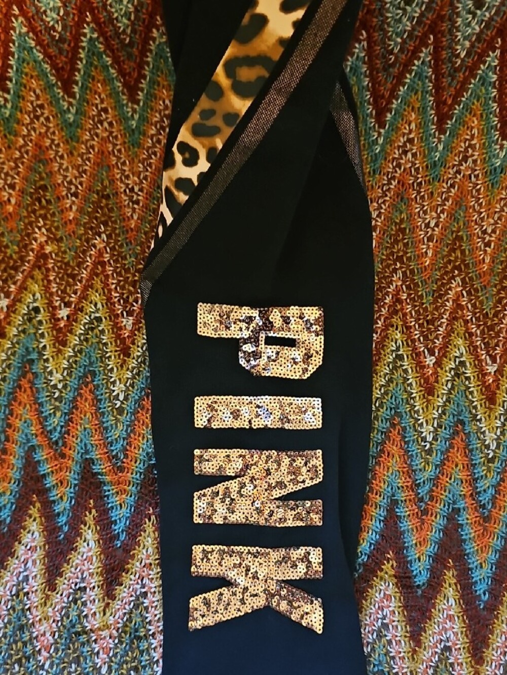 PINK Victoria's Secret Black Leggings with Leopard Trim and Gold Sequin Logo - Picture 2 of 3